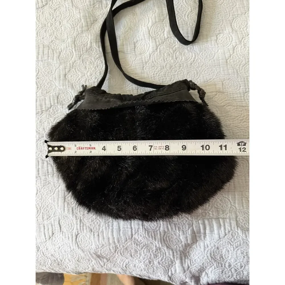 VTG 00s Y2K‎ Dennis Basso Faux Fur Shoulder Crossbody Bucket Bag Leather Black